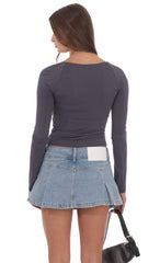 Pleated Flare Denim Mini Skort in Washed Blue