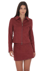 Suede Zip Up Jacket in Maroon