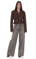 Faux Leather Cropped Moto Jacket in Brown