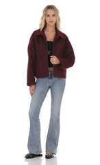 Fuzzy Zip Up Jacket in Burgundy