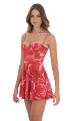 Rose Mesh Corset A line Dress in Red