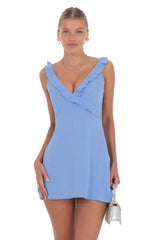 Ruffle V Neck Dress in Light Blue
