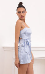 Double Tie Satin Wrap Dress In Light Blue Leopard Jacquard Print