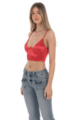 Satin V Neck Crop Top in Red
