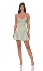 Satin Draped A Line Dress in Sage