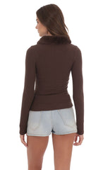 Fur Collar Zip Up Cardigan in Brown