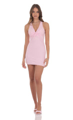 Rhinestone TwistV Neck Dress in Pink