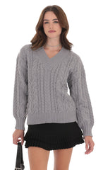 Cable Knit V Neck Jumper in Grey