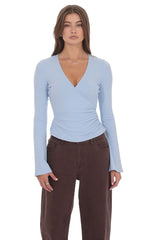 V Neck Overlap Top in Light Blue