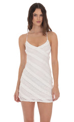 Ruffle Lace V Neck Dress in White
