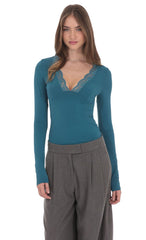 Lace V Neck Top in Teal