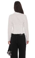 Pinstripe Ruffle Hem Button Up Shirt in White