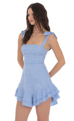 Floral Jacquard Ruffle A line Dress in Light Blue