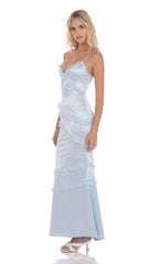 Satin V Neck Ruffle Mermaid Maxi Dress in Light Blue