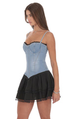 Two Toned Denim Ruffle Dress in Blue and Black