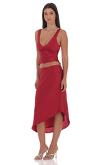 Satin Asymmetrical Midi Skirt in Red