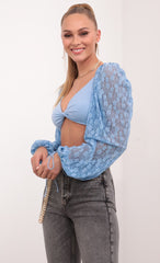 Lace Puff Sleeve Crop Top in Sky Blue