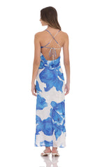 Floral Open Back Maxi Dress in White amp Blue