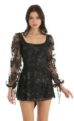 Floral Glitter A Line Dress in Black