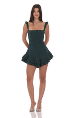 Floral Jacquard Ruffle A line Dress in Forest Green