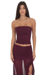 Mesh Ruched Tube Top in Plum