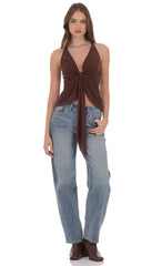 Mesh Plunge Two Piece Tie Top in Brown
