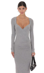V Neck Long Sleeve Maxi Dress in Grey