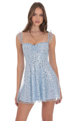 Sequin Ruffle Strap A Line Dress in Light Blue