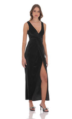 Velvet V Neck Slit Maxi Dress in Black