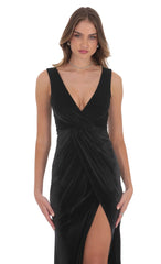 Velvet V Neck Slit Maxi Dress in Black