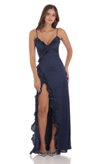 Ruffle V Neck Maxi Dress in Navy