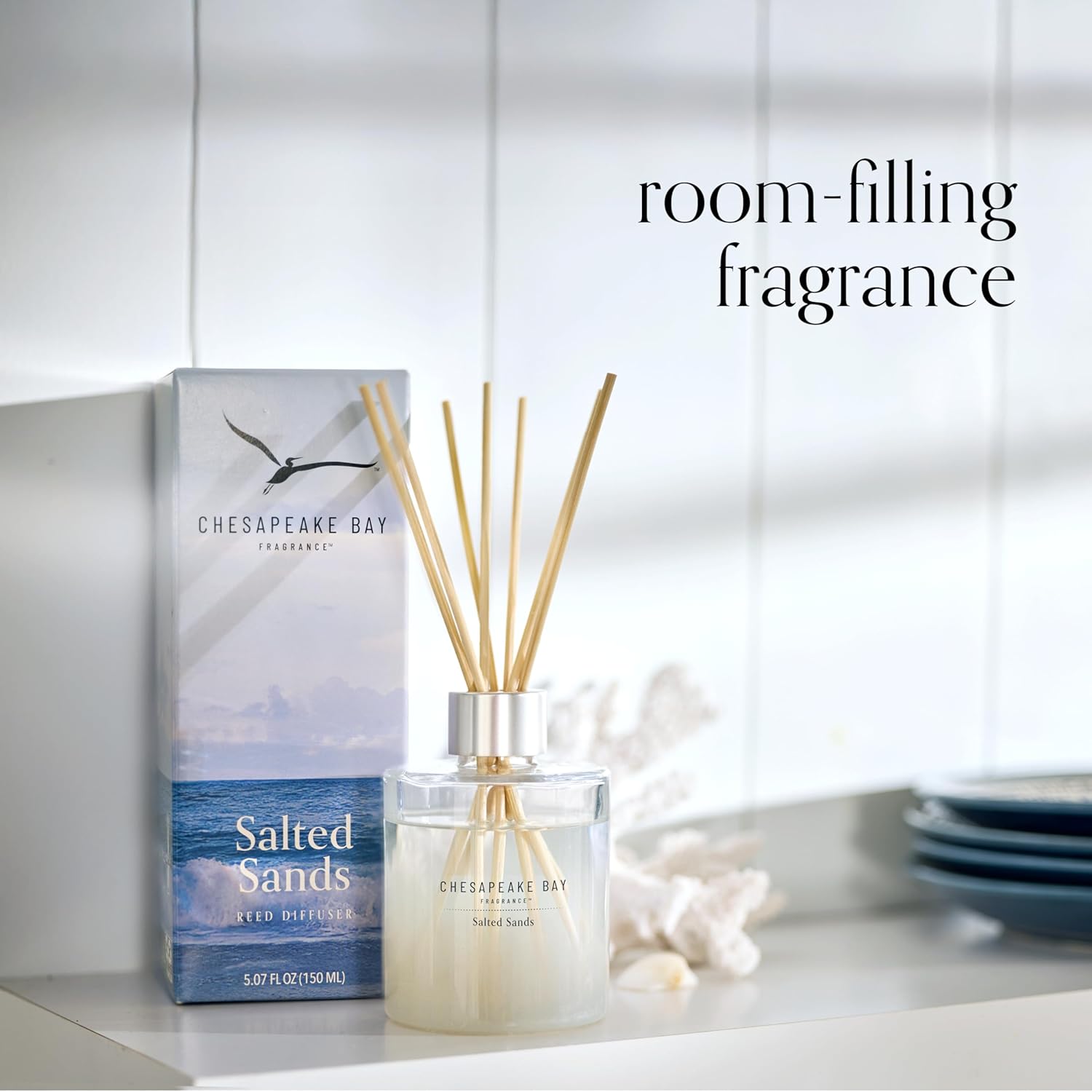 Reed Diffuser 57oz Salted Sands Scent Mood Evoking Sea Glass Inspired Jar Room Filling Fragrance Made with Essential Oils Coastal Fragrance for Home Décor or Gifting