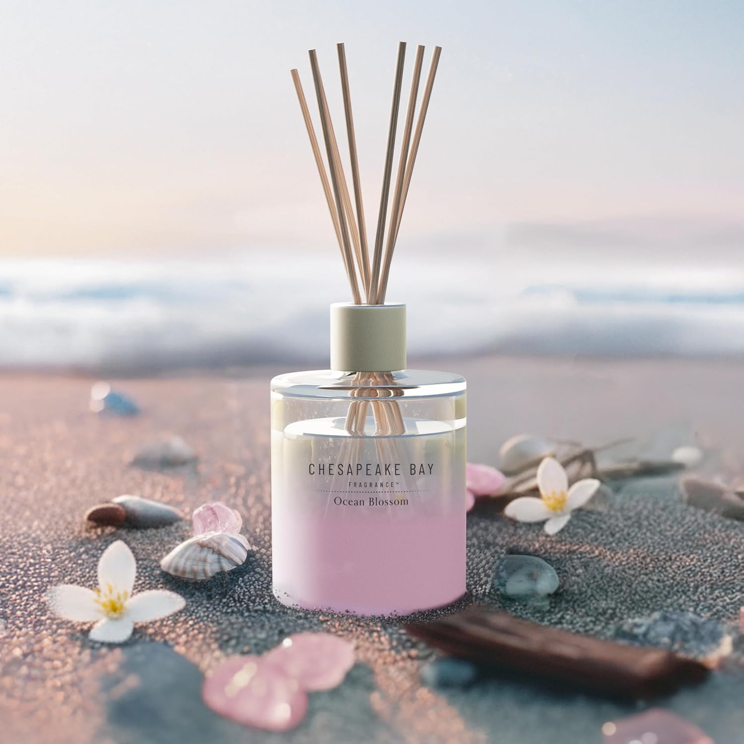 Reed Diffuser 57oz Ocean Blossom Scent Mood Evoking Sea Glass Inspired Jar Room Filling Fragrance Made with Essential Oils Coastal Fragrance for Home Décor or Gifting
