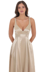Satin V Neck Fit and Flare Maxi Dress in Gold