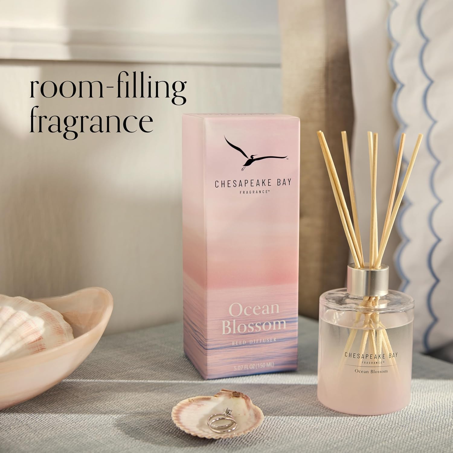 Reed Diffuser 57oz Ocean Blossom Scent Mood Evoking Sea Glass Inspired Jar Room Filling Fragrance Made with Essential Oils Coastal Fragrance for Home Décor or Gifting
