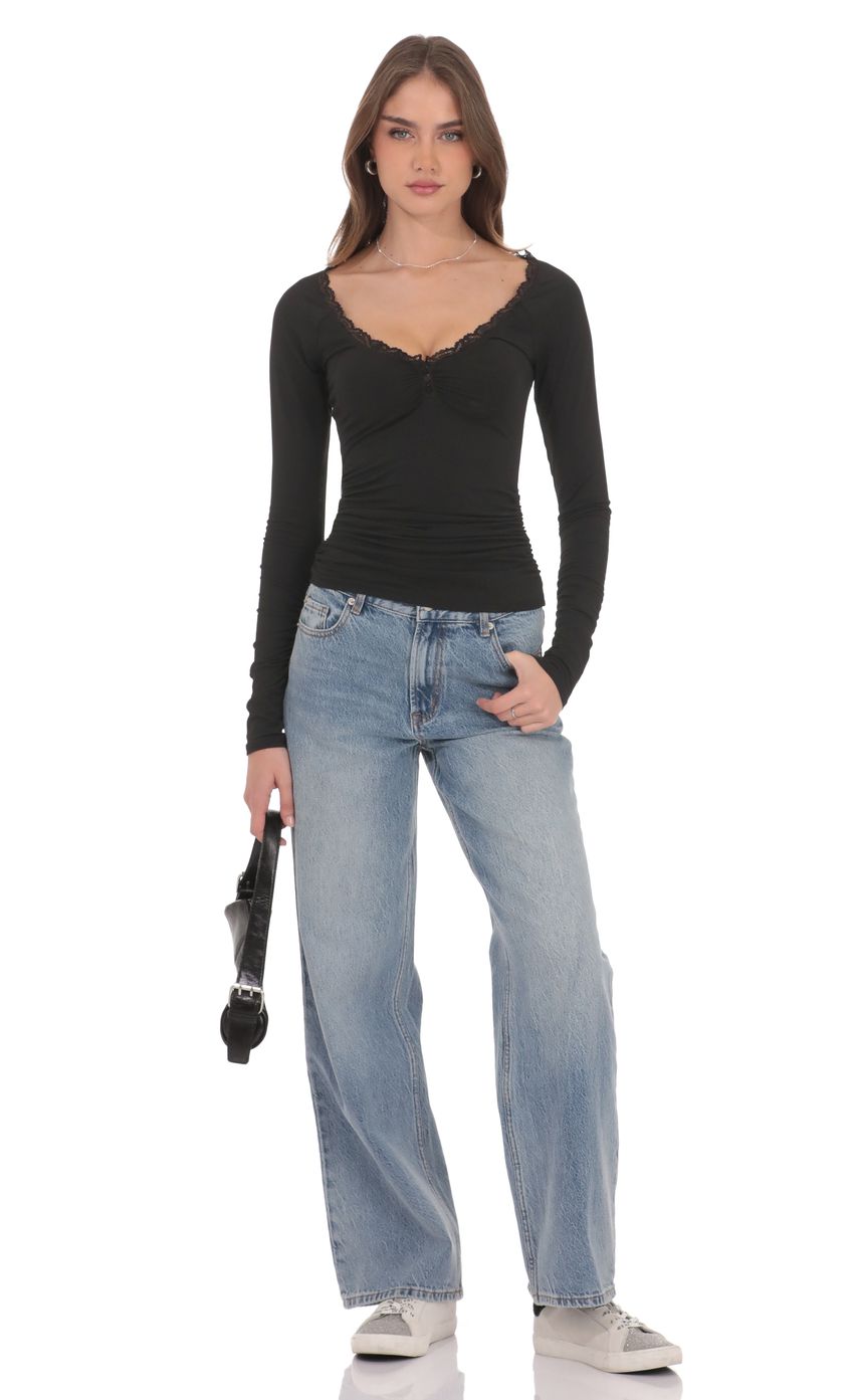 Lace Trim Long Sleeve Top in Black