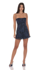 Textured Floral A line Dress in Navy