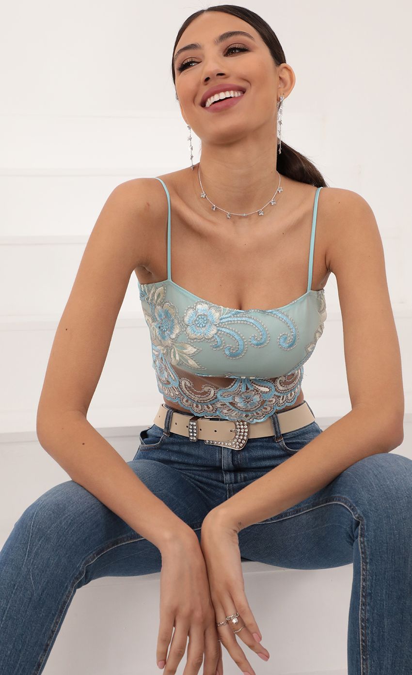 Roma Top in Aqua and Off White Lace