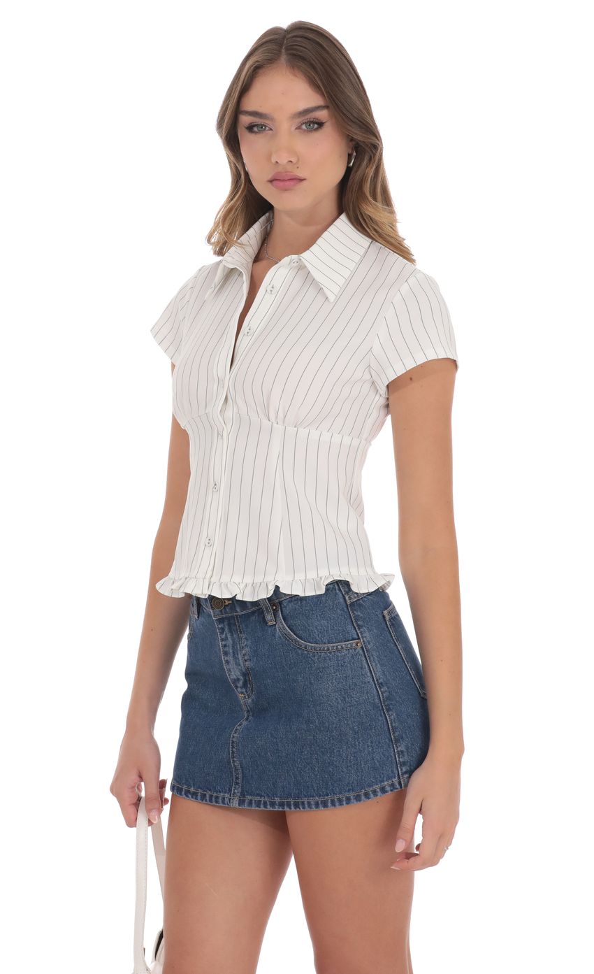 PinStripe Button Up Ruffle Top in White