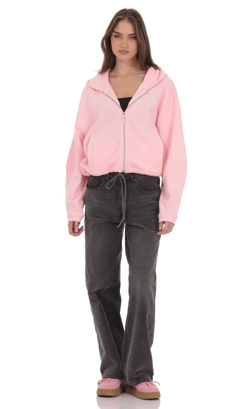 Cropped Fleece Zip Up Hoodie in Pink