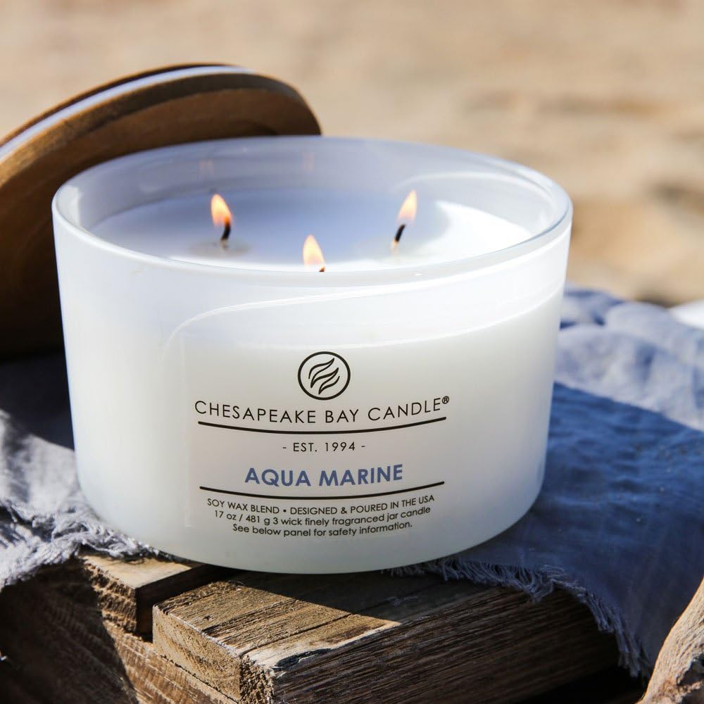 Candle PT18458 3 Wick Scented Candle Aqua Marine Waterlily Seagrass Coffee Table Jar Brown