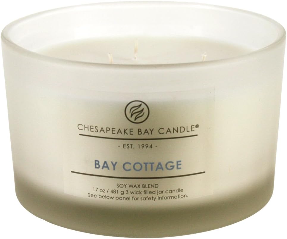 Candle 3 Wick Scented Candle Bay Cottage Linen White Amber Coffee Table Jar