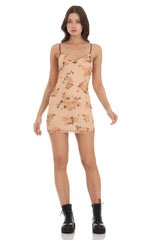 Mesh Floral Print Dress in Light Brown