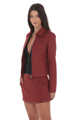 Suede Zip Up Jacket in Maroon