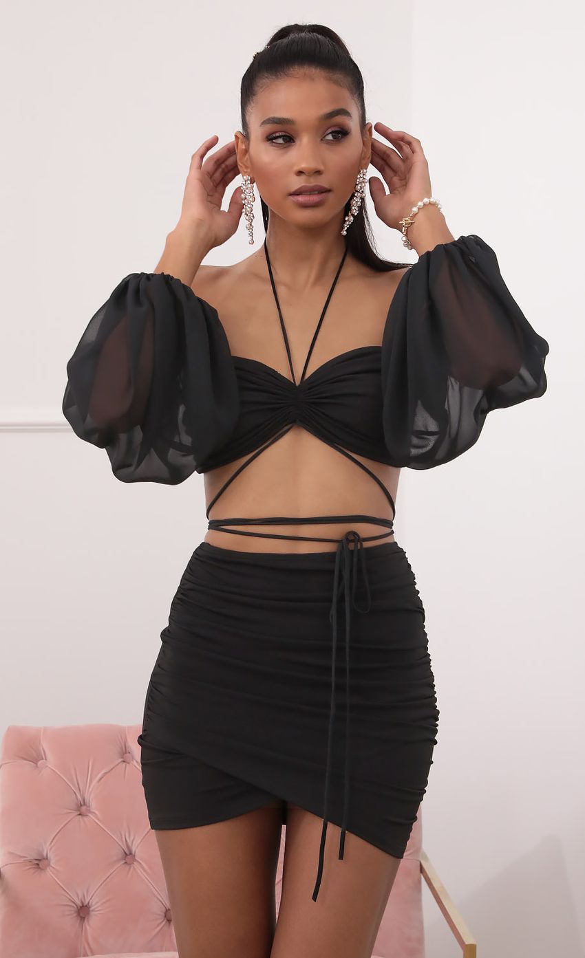 Off the Shoulder Two Piece Long Sleeve Set in Black