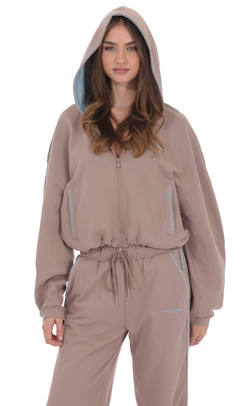 Two Toned Cropped Hoodie in Taupe