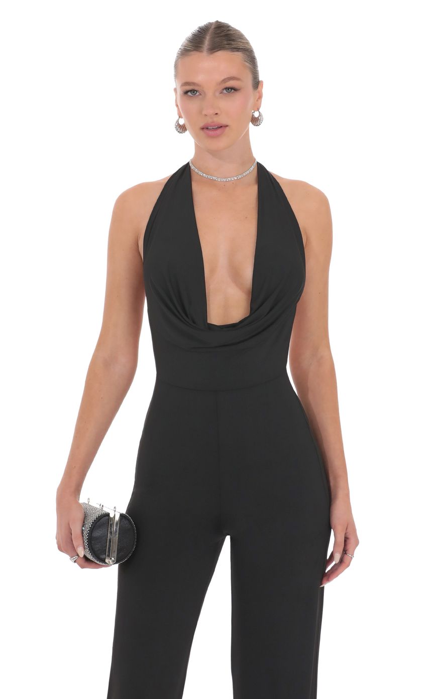 Halter Plunge Neck Jumpsuit in Black