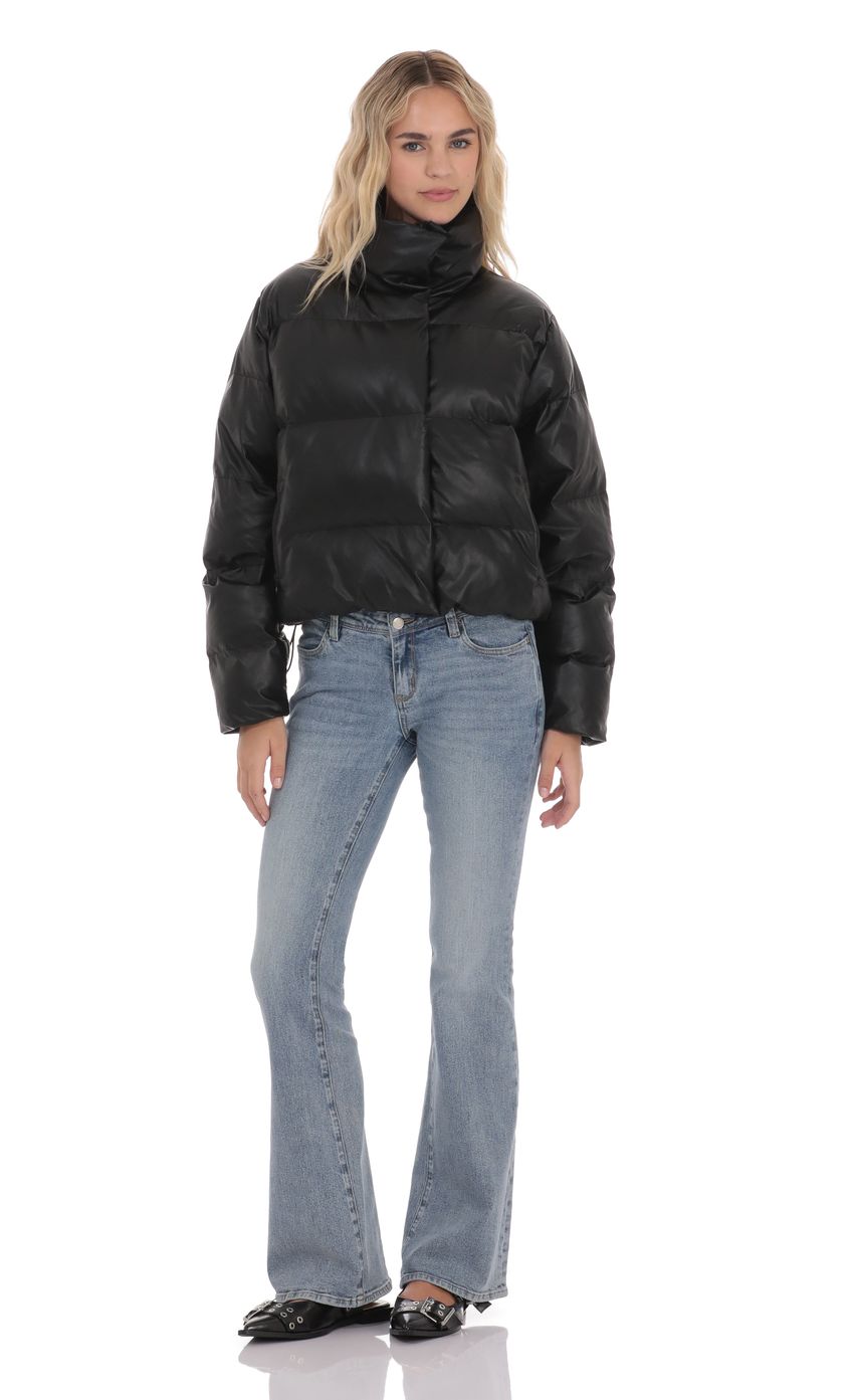 Faux Leather Puffer Jacket in Black