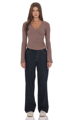 V Neck Overlap Top in Taupe