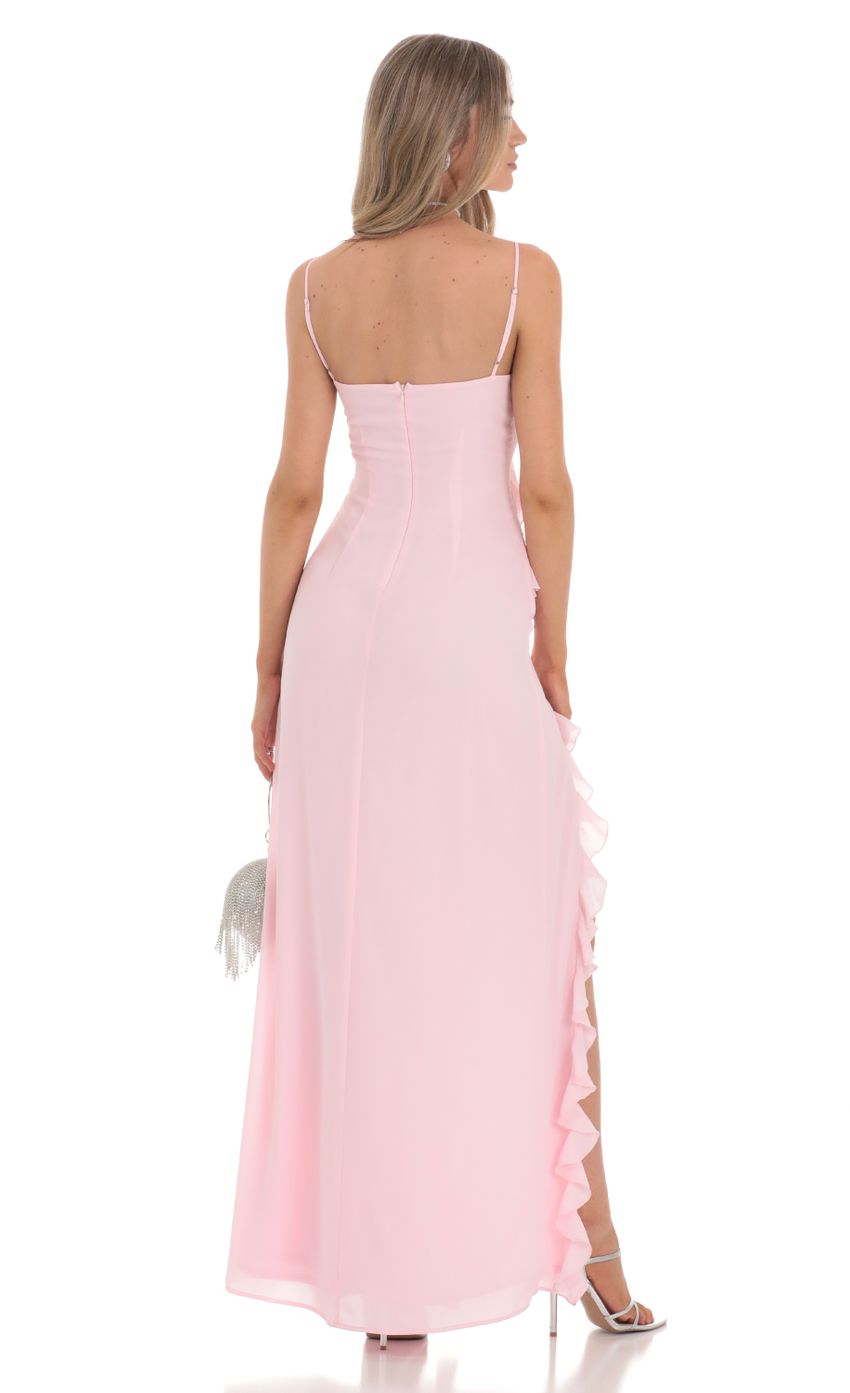 Ruffle V Neck Maxi Dress in Pink